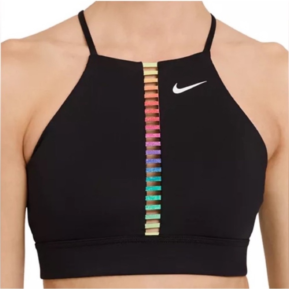 Nike Strappy Dri Fit Indy Rainbow Ladder Colorful Pride Striped Black Sports Bra